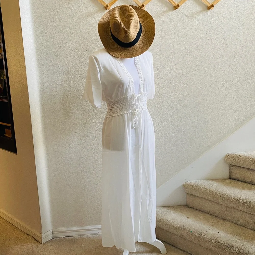 Boho beach dress coverup white crochet kimono top - Picture 6 of 7
